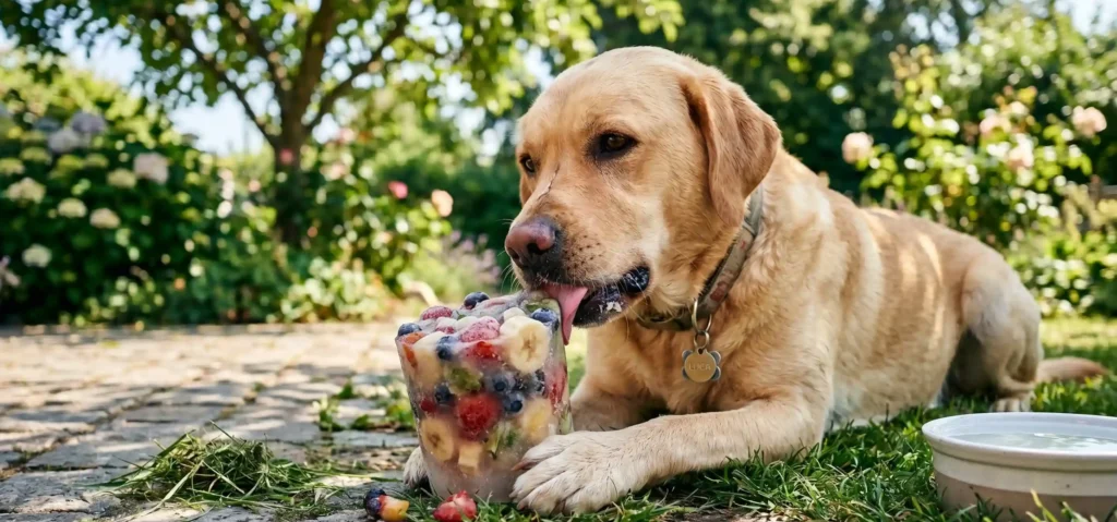 En labrador der spiser en isklump med frugter i.